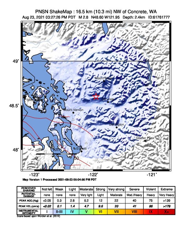 USGS ShakeMap intensity contours for the M2.8 earthquake near 9 km NNE of Hamilton, Washington