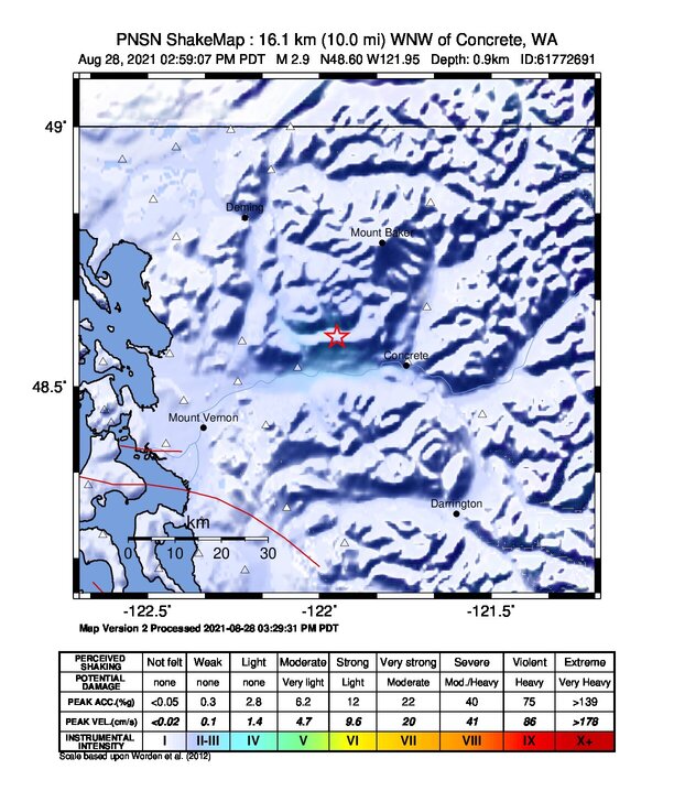 USGS ShakeMap intensity contours for the M2.9 earthquake near 8 km NNE of Hamilton, Washington