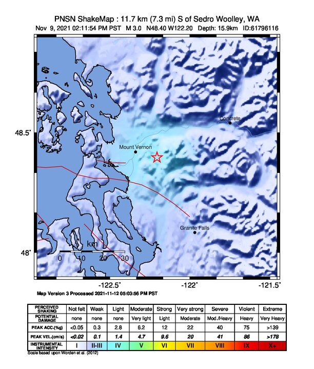 USGS ShakeMap intensity contours for the M3.0 earthquake near 2 km ESE of Big Lake, Washington