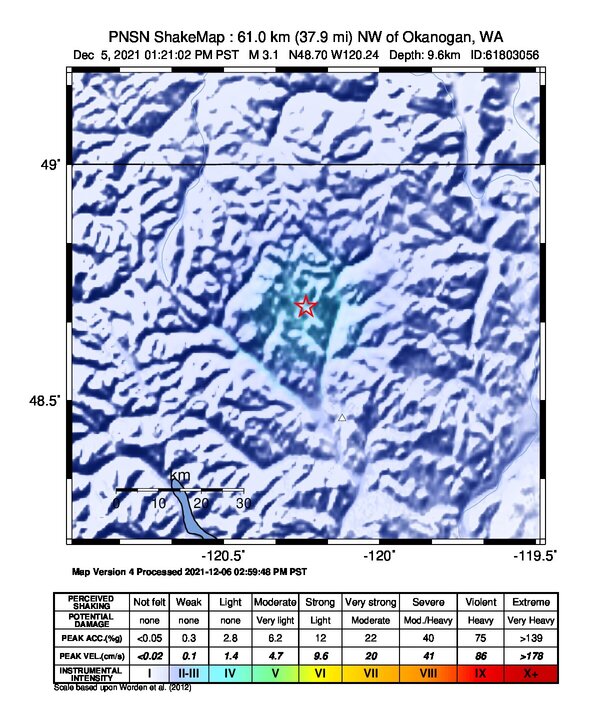 USGS ShakeMap intensity contours for the M3.1 earthquake near 24 km N of Winthrop, Washington
