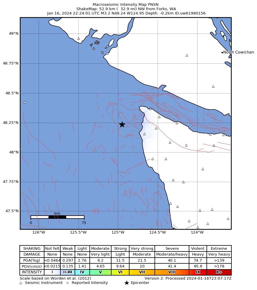 USGS ShakeMap intensity contours for the M2.9 earthquake near 26 km WSW of Neah Bay, Washington