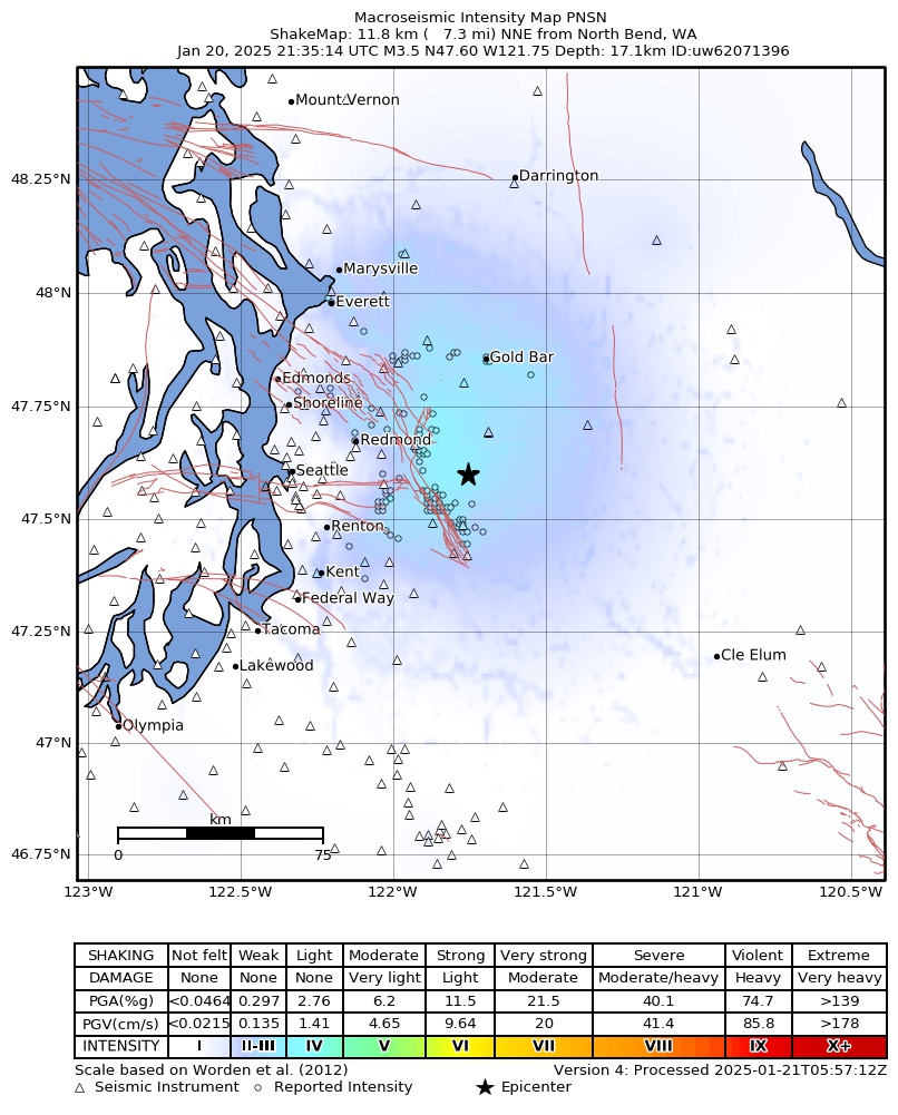 USGS ShakeMap intensity contours for the M3.5 earthquake near 9 km NE of Snoqualmie, Washington