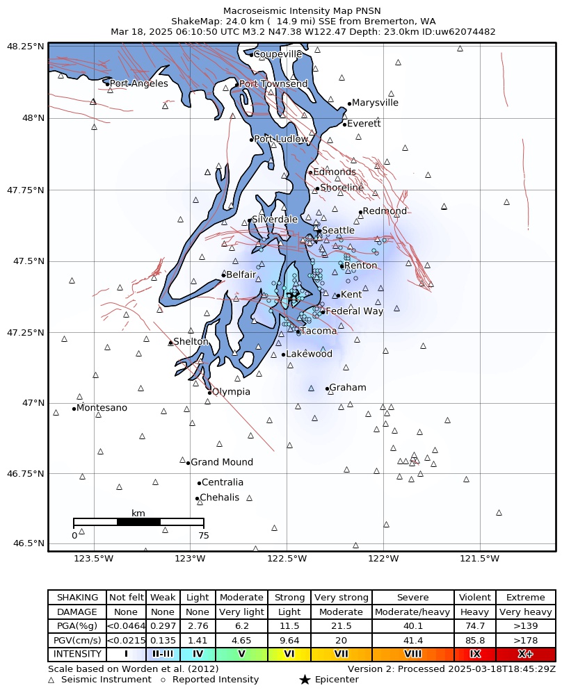 USGS ShakeMap: estimated shaking intensity around the epicenter