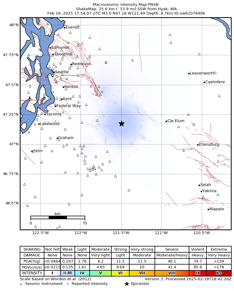 USGS ShakeMap intensity contours for the M3.0 earthquake near 12 km E of Greenwater, Washington
