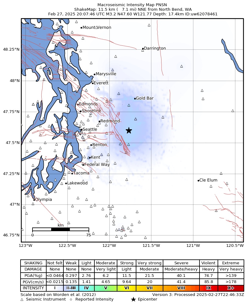 USGS ShakeMap intensity contours for the M3.3 earthquake near 8 km NNE of Snoqualmie, Washington