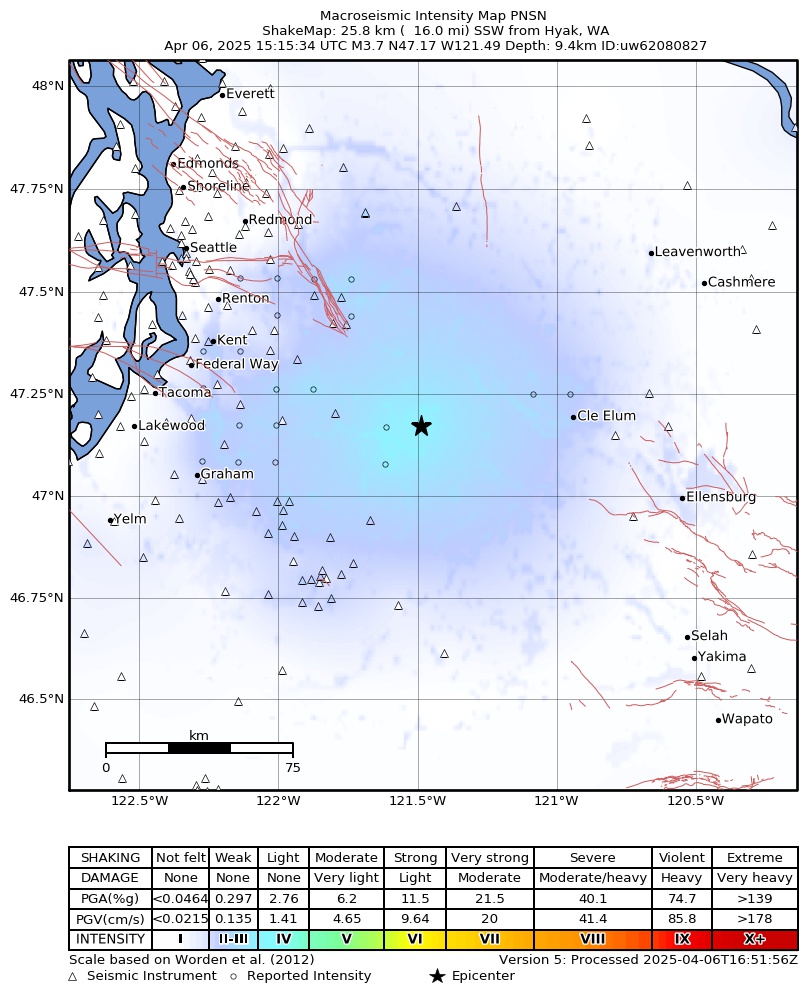 USGS ShakeMap intensity contours for the M3.7 earthquake near 12 km E of Greenwater, Washington