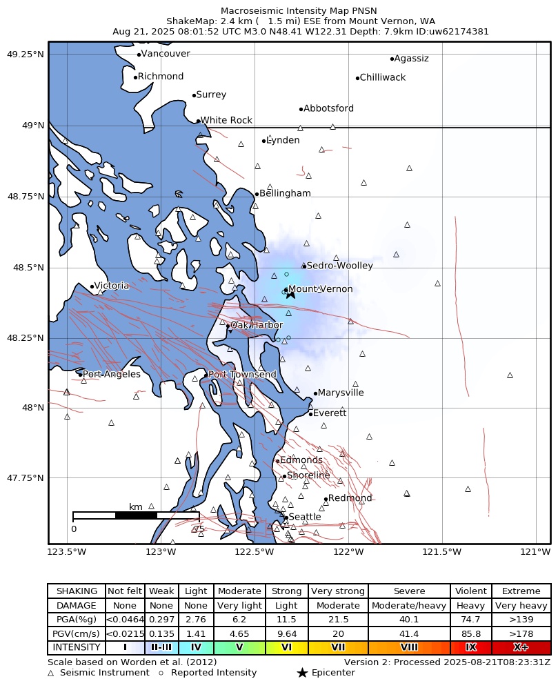USGS ShakeMap: estimated shaking intensity around the epicenter