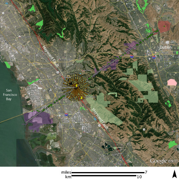Map showing Hayward Fault and instrument sites