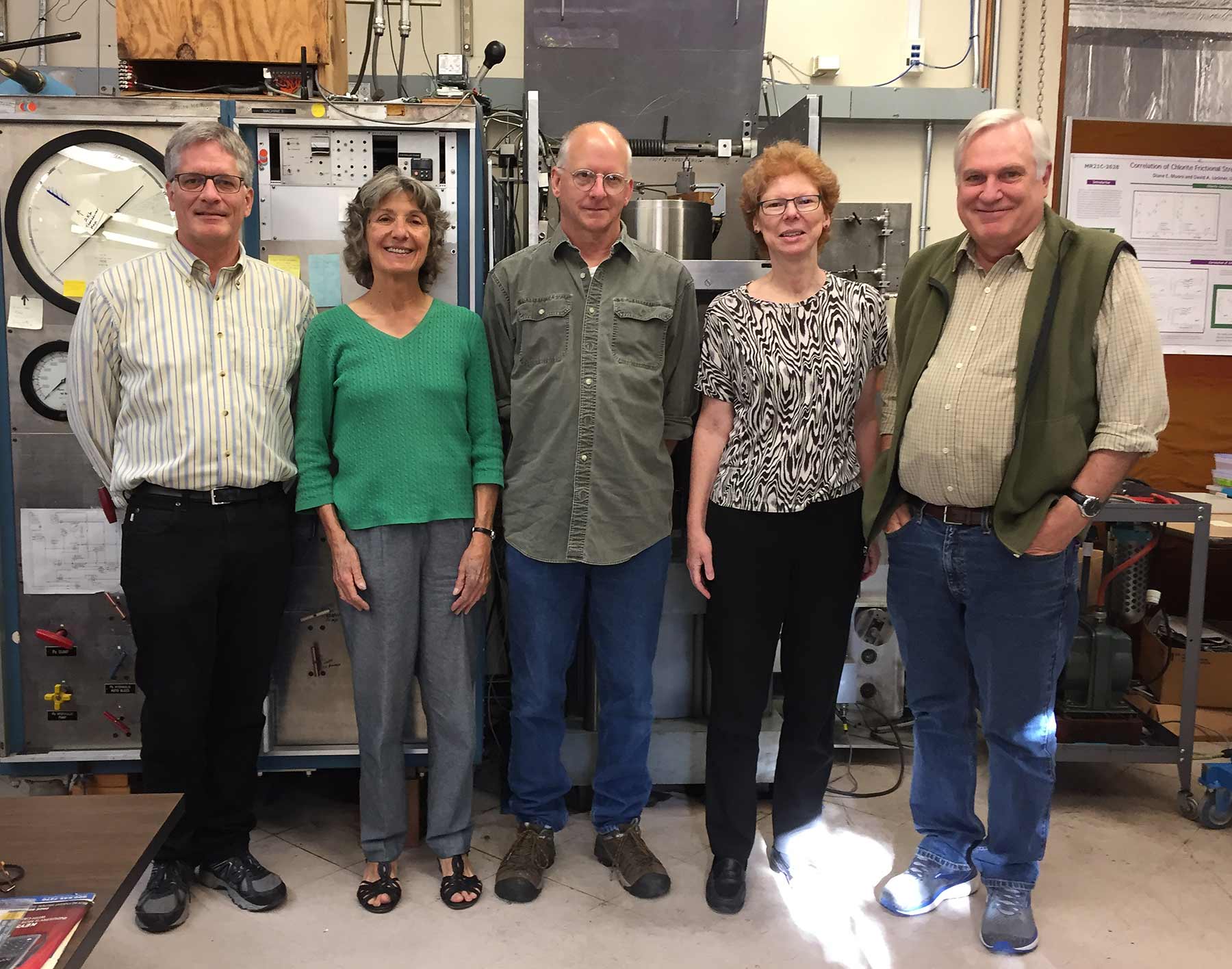 photo of Brian Kilgore, Diane Moore, Nick Beeler, Carolyn Morrow and David Lockner in the laboratory today